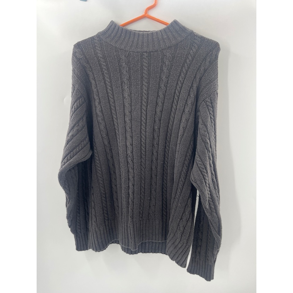 Orvis Silk Cotton Cable Knit Sweater Mens Large Charcoal Grey Mock Neck Pullover